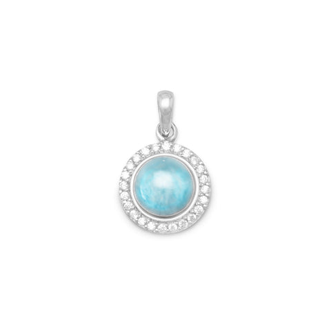 Rhodium Plated Round Larimar and CZ Pendant