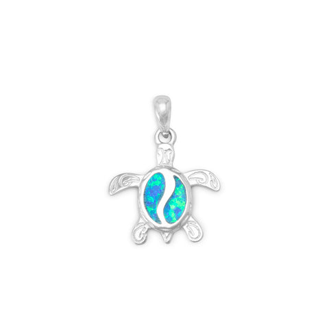 Rhodium Plated Turtle Pendant with Inlay Synthetic Opal