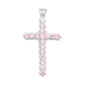 Rhodium Plated Pink CZ Cross Pendant