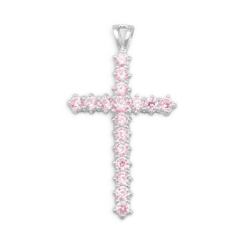 Rhodium Plated Pink CZ Cross Pendant