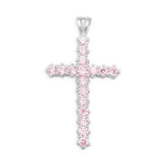 Rhodium Plated Pink CZ Cross Pendant