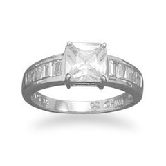 Rhodium Plated 6.5mm Square CZ Ring with Graduated Baguette Sides