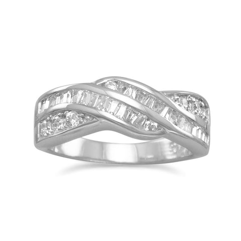 Rhodium Plated Baguette and Round CZ Twist Ring