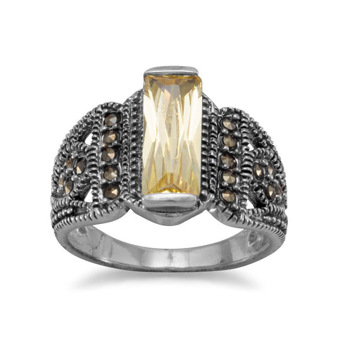 Yellow CZ Bar and Marcasite Ring