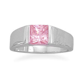 Rhodium Plated 6mm Square Pink CZ Ring