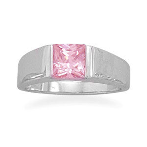 Rhodium Plated 6mm Square Pink CZ Ring