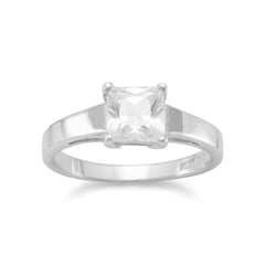 Rhodium Plated Polished Band Ring with 6mm Square CZ