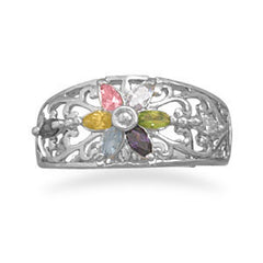 Rhodium Plated Multicolor CZ Flower Filigree Ring