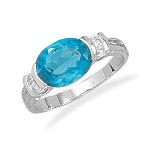 Rhodium Plated Blue Oval CZ Ring
