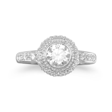 Rhodium Plated Ring with 6mm Round CZ and Pave Sides