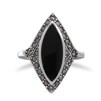 Marquise Black Onyx with Marcasite Edge Ring