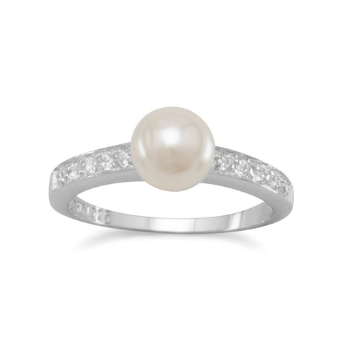 Rhodium Plated CZ and Simulated Pearl Ring