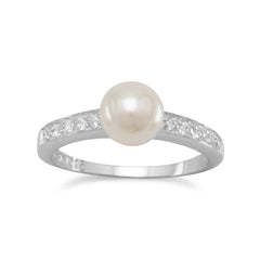Rhodium Plated CZ and Simulated Pearl Ring