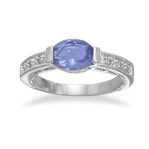 Rhodium Plated Oval Tanzanite Color CZ Ring