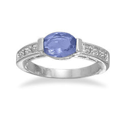 Rhodium Plated Oval Tanzanite Color CZ Ring