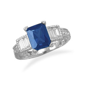 Rhodium Plated Dark Blue CZ Rectangle with Baguette Sides Ring