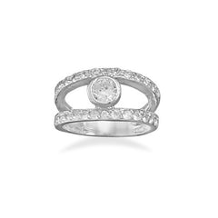 Rhodium Plated 2 Row CZ Ring with 6mm Bezel CZ Center
