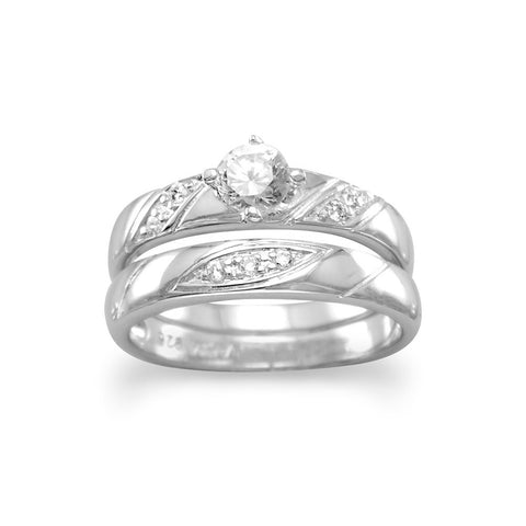 Rhodium Plated 2 Ring Set with 4.5mm CZ and Diagonal Design Band