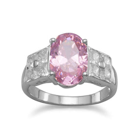 Rhodium Plated Ring with Clear and Pink CZs