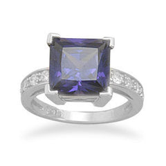 Rhodium Plated Square Synthetic Tanzanite and CZ Ring