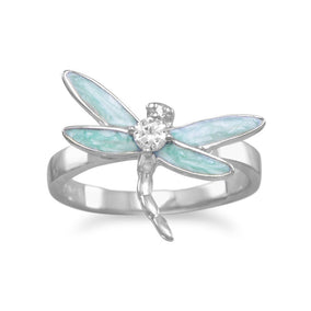 Rhodium Plated Enamel CZ Dragonfly Ring