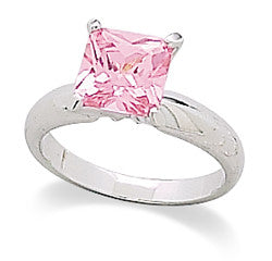 Rhodium Plated Square Pink CZ Ring