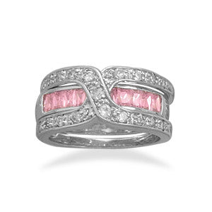 Rhodium Plated 2 Ring Set with Pink CZ Band and "X" Shape Clear CZ Band
