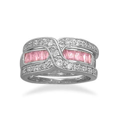 Rhodium Plated 2 Ring Set with Pink CZ Band and 
