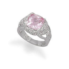 Rhodium Plated Synthetic Pink Sapphire and Clear CZ Ring