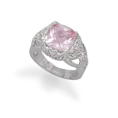 Rhodium Plated Synthetic Pink Sapphire and Clear CZ Ring