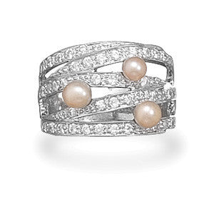 Rhodium Plated Cultured Freshwater Pearl and CZ Ring