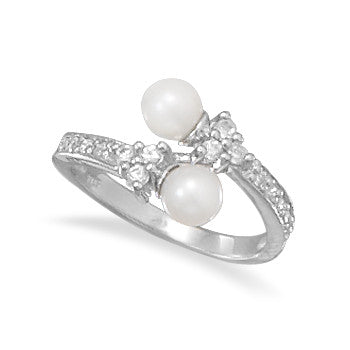 Rhodium Plated Cultured Freshwater Pearl and CZ Wrap Ring