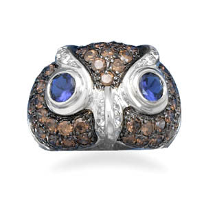 Rhodium Plated CZ Owl Face Ring