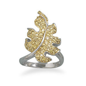 Two Tone CZ Leaf Ring