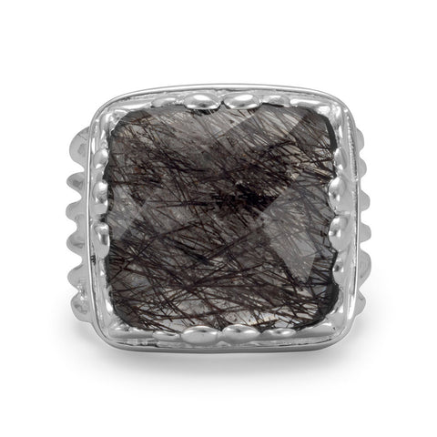 Square Black Rutilated Quartz Ring