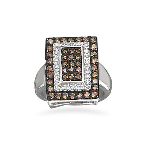 Rhodium Plated Rectangle Chocolate and Clear CZ Ring