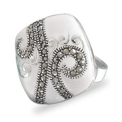 Diamond Shape White Enamel Ring with Marcasite