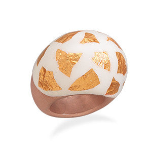 Domed White Enamel and 14 Karat Rose Gold Plated Ring