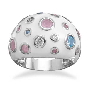 Domed White Enamel and Glass Ring