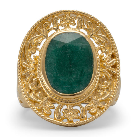 Ornate 14 Karat Gold Plated Rough-Cut Emerald Ring