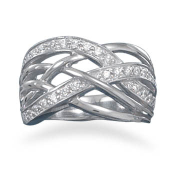Rhodium Plated and CZ Woven Pattern Ring