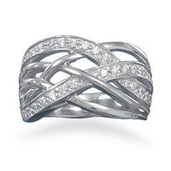 Rhodium Plated and CZ Woven Pattern Ring