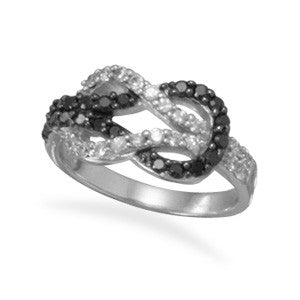 Rhodium Plated Black and Clear CZ Knot Ring