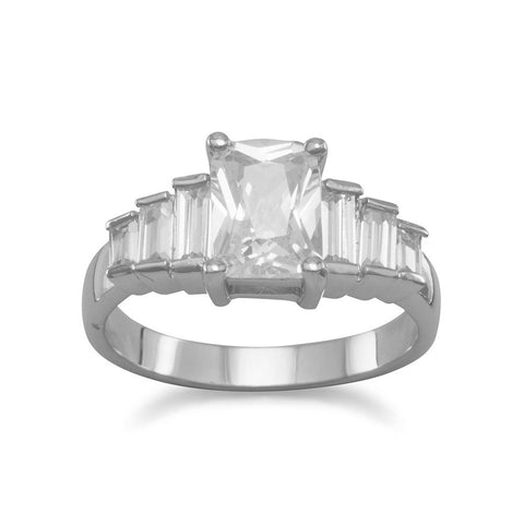 Rhodium Plated Rectangle CZ Ring with Baguette Accents