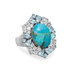 Reconstituted Turquoise Ring with White and Blue Topaz