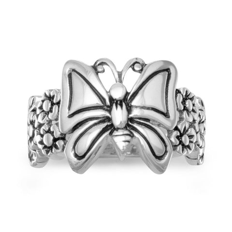 Oxidized Butterfly and Flower Ring