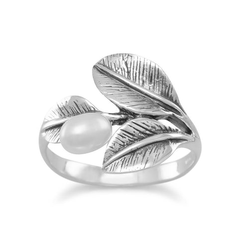 Oxidized Leaf Ring with Cultured Freshwater Pearl