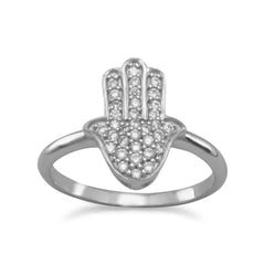 Rhodium Plated CZ Hamsa Ring