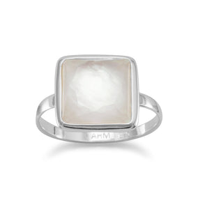 Large Square Freeform Faceted Clear Quartz over Mother of Pearl Stackable Ring