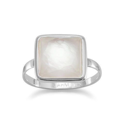 Large Square Freeform Faceted Clear Quartz over Mother of Pearl Stackable Ring